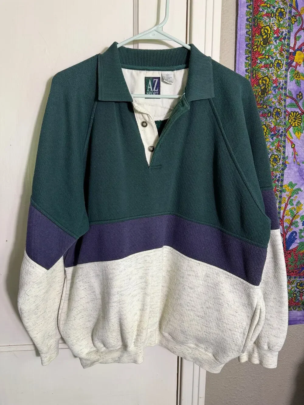 Vintage AZ Sport Colorblock Rugby Sweatshirt Green Purple 90s Pullover Men's L